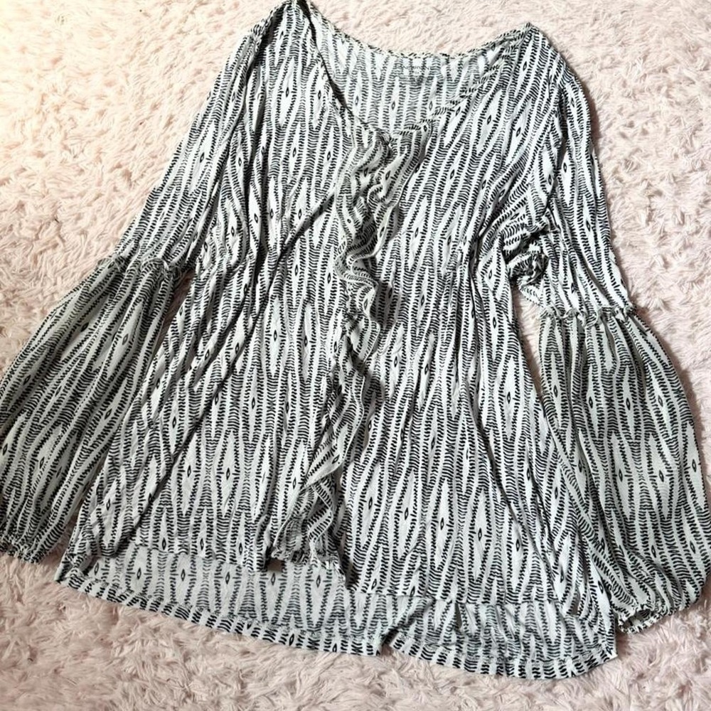 Boho Earthy Indie Geometric Ruffle Balloon Sleeve Flowy Blouse Womens 22 Hippie